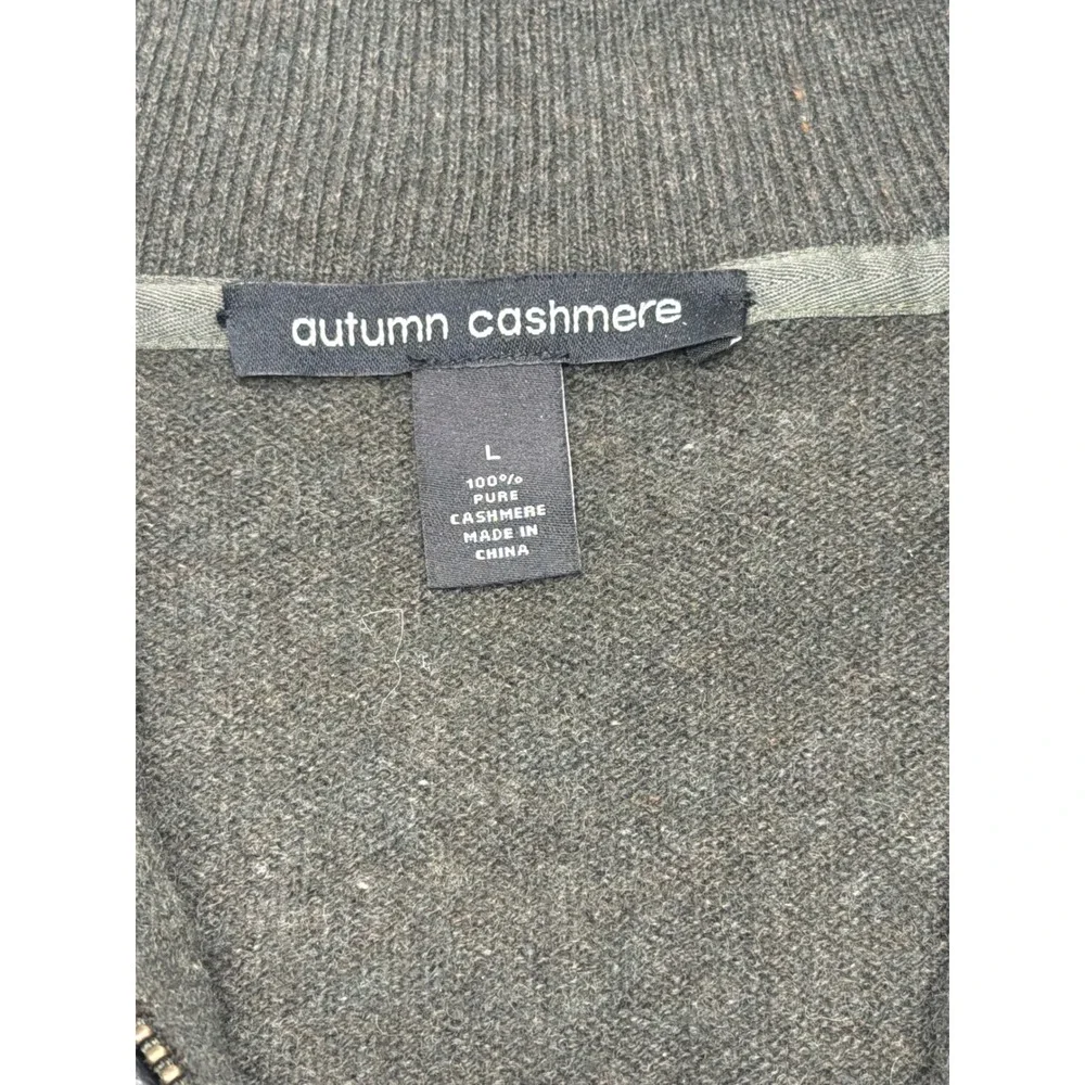 Autumn Cashmere Mens Olive Green 100% Cashmere Quarter Zip Leather Elbow Patch L